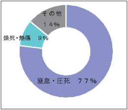 死亡原因は窒息、圧死の割合が大きい。